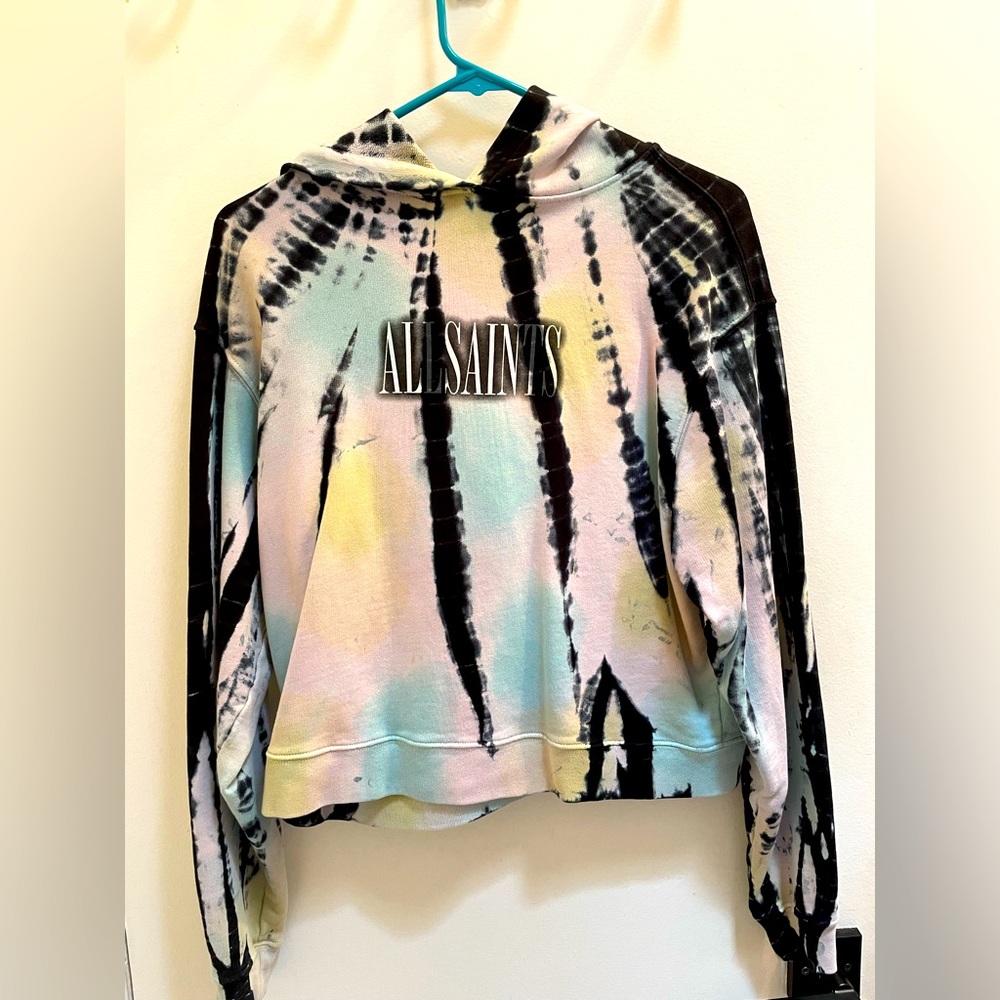 All Saints Pippa Tie Dye Hoodie in Navy Blue and Multicolor Pullover Womens US 2